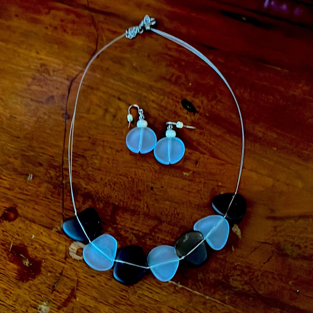 Brown and blue sea glass necklace and earring set.